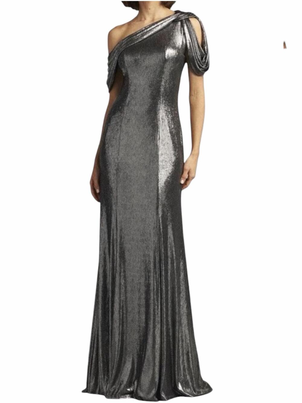 Tadashi Shoji Copley Shoulder Drape Lame Gown Silver Steel Size XL